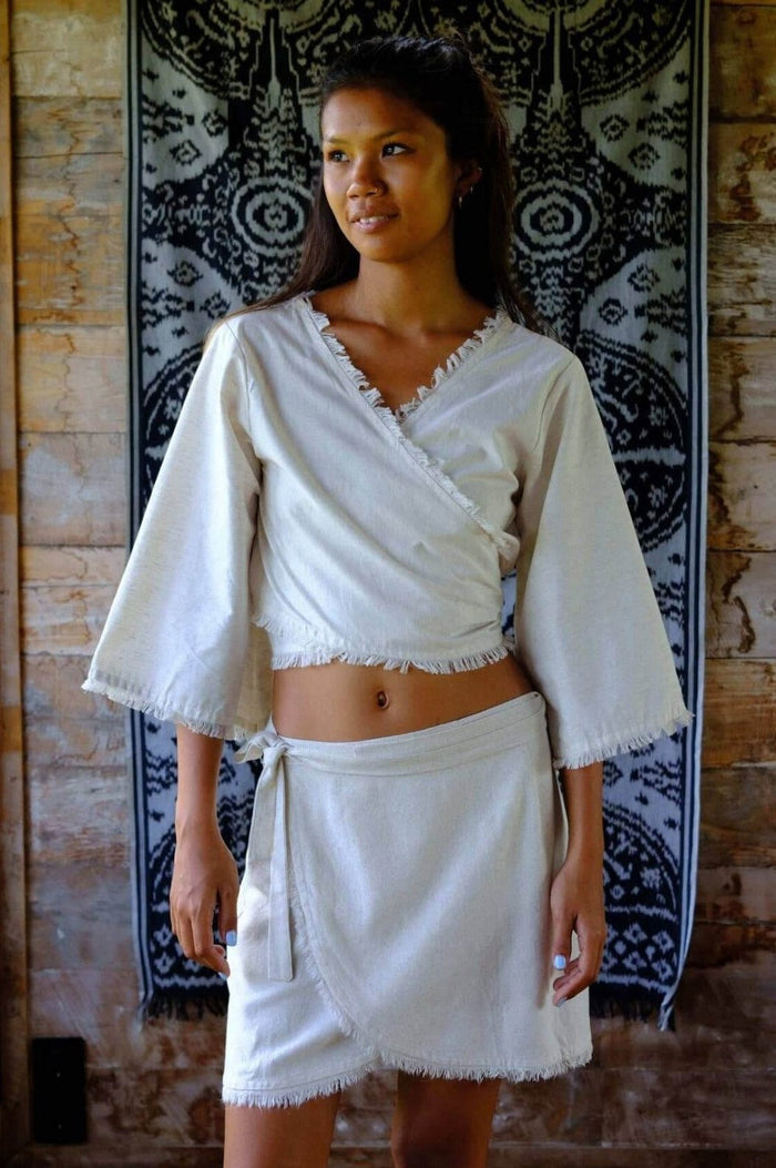Linen Wrap Crop Top — Natural, natural-dyed, handmade in Bali